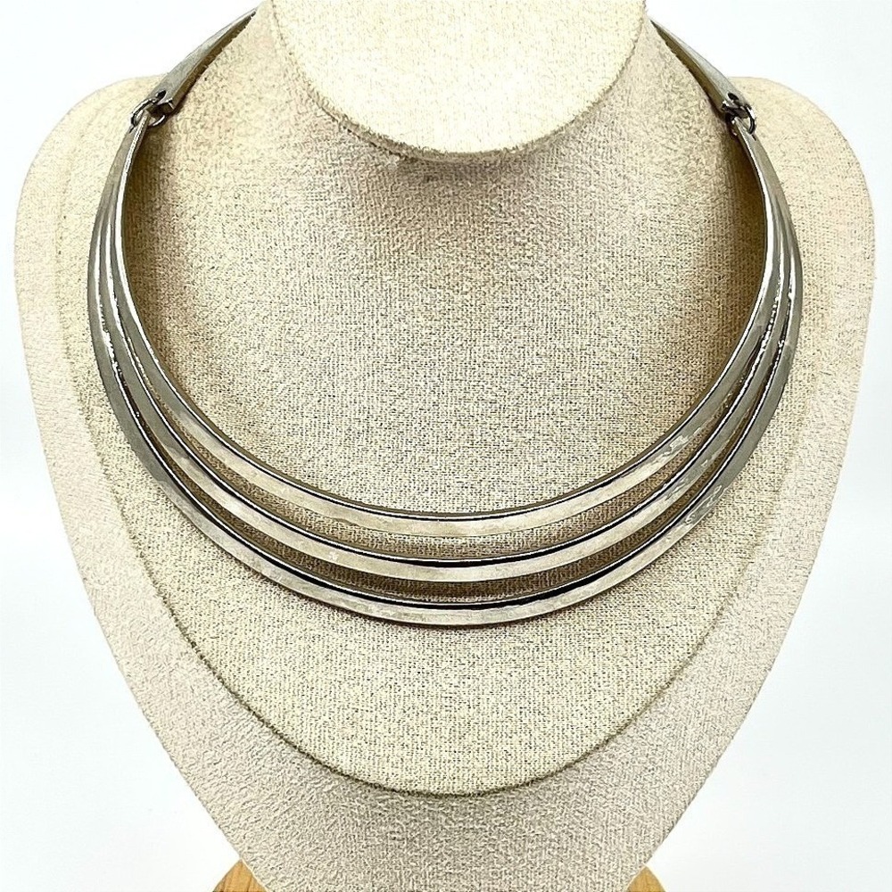 Vintage Express Silver Tone Triple Row Rigid Collar Choke Necklace Retro Y2K
